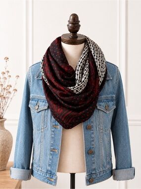 Boho Mixed Print Lightweight Scarf Wrap Shawl Black Red Ivory
